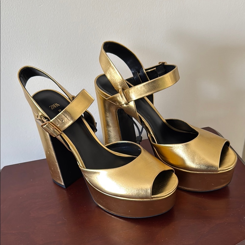 Zara Gold Metallic Platform Slingback Heels